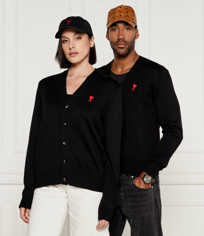 wearing Ami Paris Small Ami De Coeur Black Cardigan BFHKC001.001 001