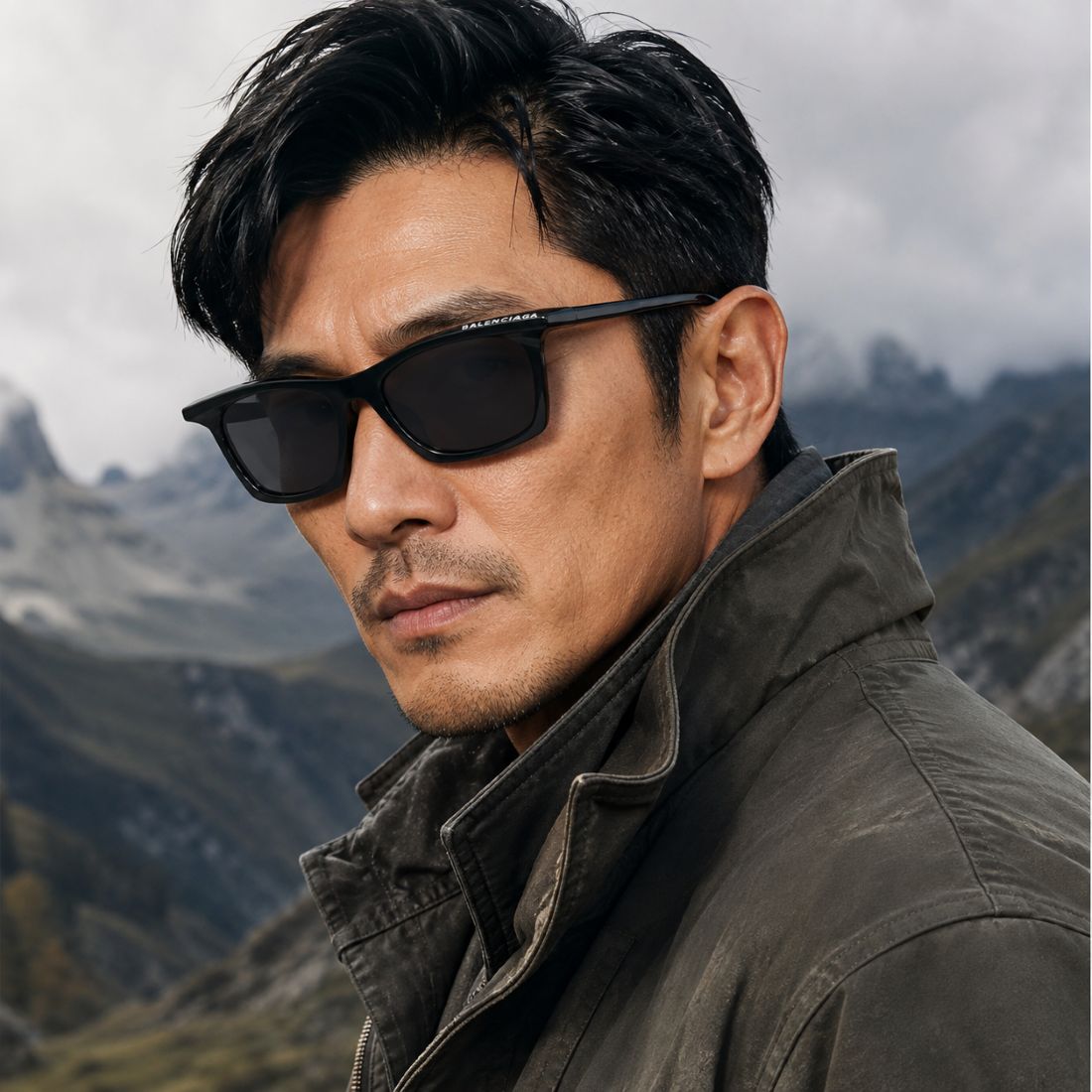 A man wearing Balenciaga BB0099S-001 Black Squared Sunglasses and a dark olive jacket, photographed outdoors against a cloudy mountain landscape. The sunglasses appear to be the featured product.