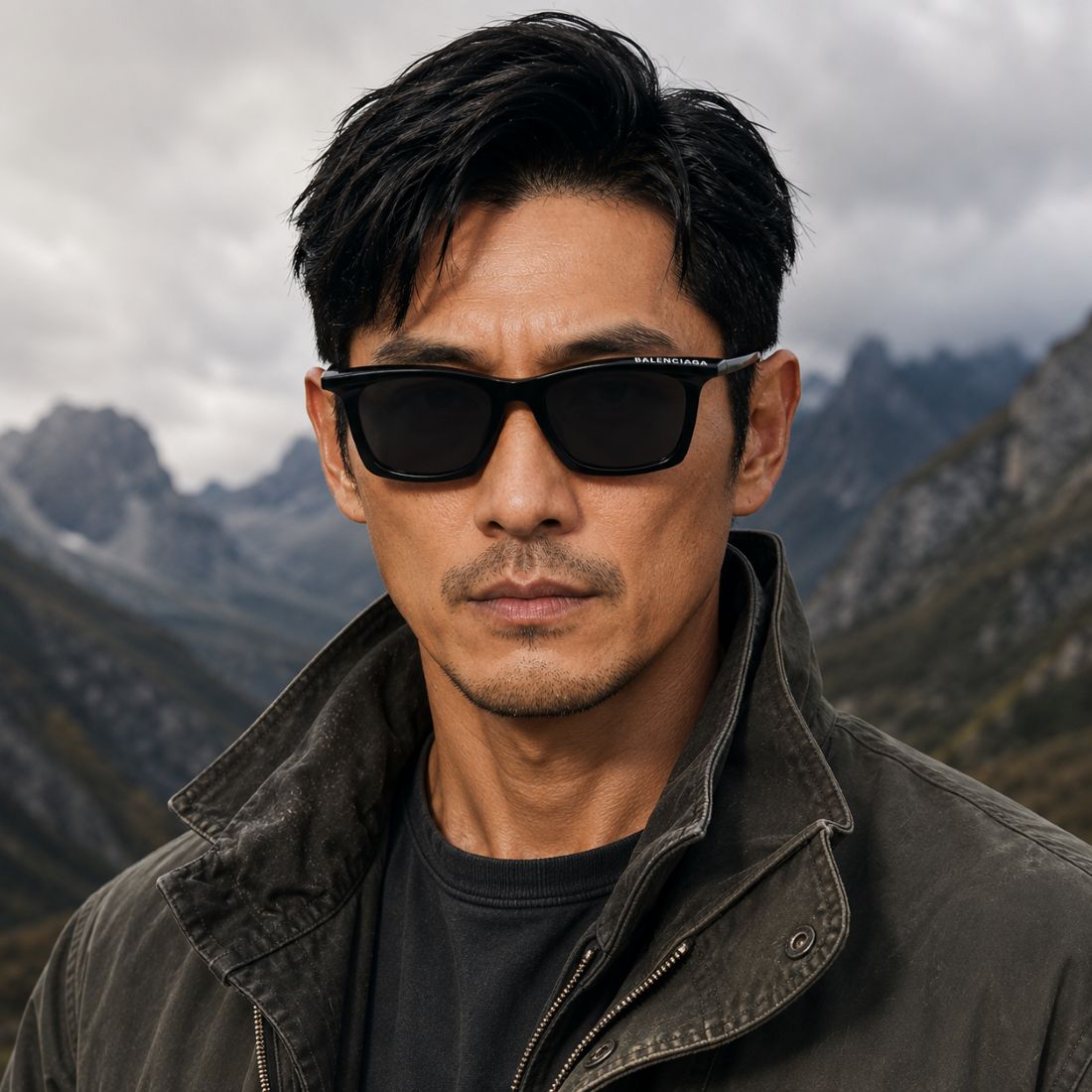 A man wearing Balenciaga BB0099S-001 Black Squared Sunglasses and a dark jacket, photographed outdoors against a cloudy mountain landscape.