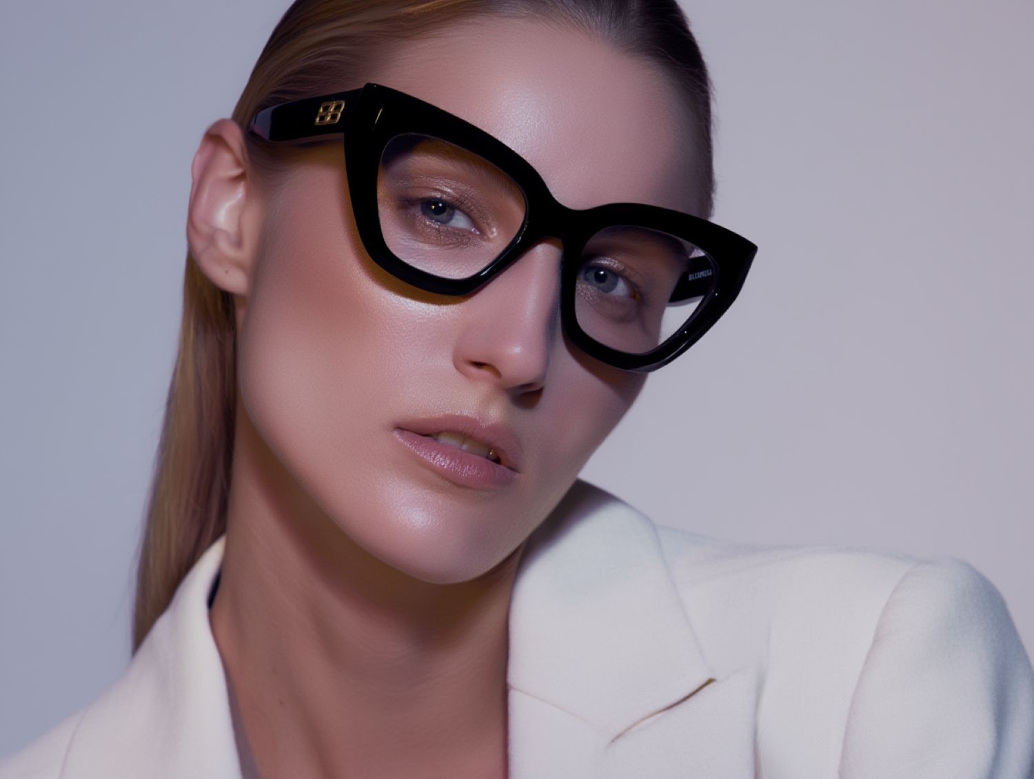 Woman wearing Balenciaga BB0238O-001 Butterfly Eyeglasses against a plain background
