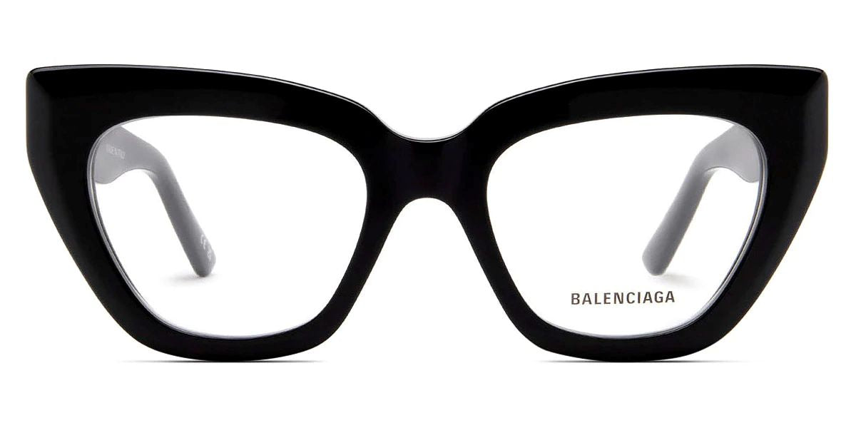Black cat-eye glasses with 'Balenciaga' branding on a white background