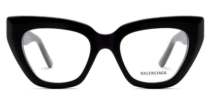 Black cat-eye glasses with 'Balenciaga' branding on a white background