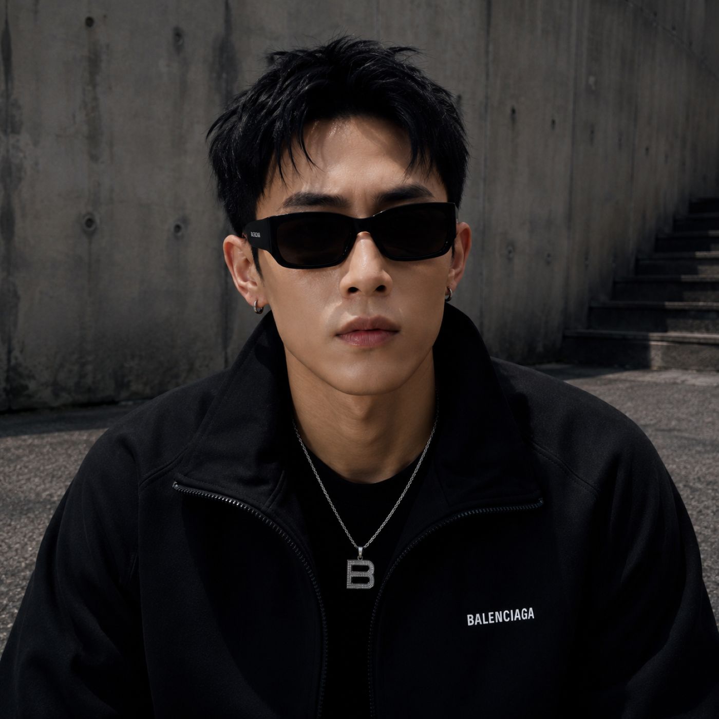 A man wearing Balenciaga BB0331SK-001 Black Squared Sunglasses, a silver Balenciaga B necklace, and a black zip-up jacket with the Balenciaga logo on the chest, set against a concrete wall background.