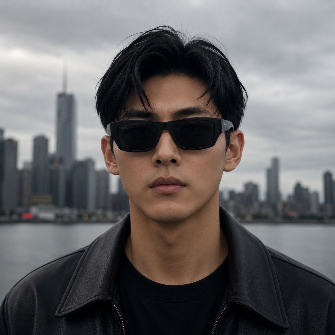 A man wearing Balenciaga BB0366S Black Square Sunglasses and a black leather jacket stands in front of a blurred city skyline over water under a cloudy sky.