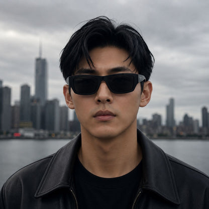 A man wearing Balenciaga BB0366S Black Square Sunglasses and a black leather jacket stands in front of a blurred city skyline over water under a cloudy sky.