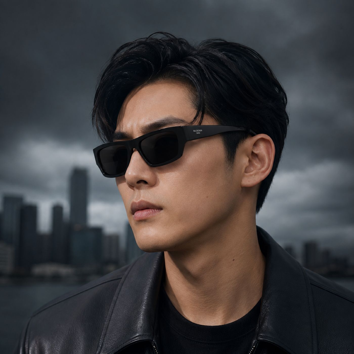 A man wearing Balenciaga BB0366S Black Square Sunglasses and a black leather jacket, shown in a close-up portrait against a dark, cloudy city skyline background.