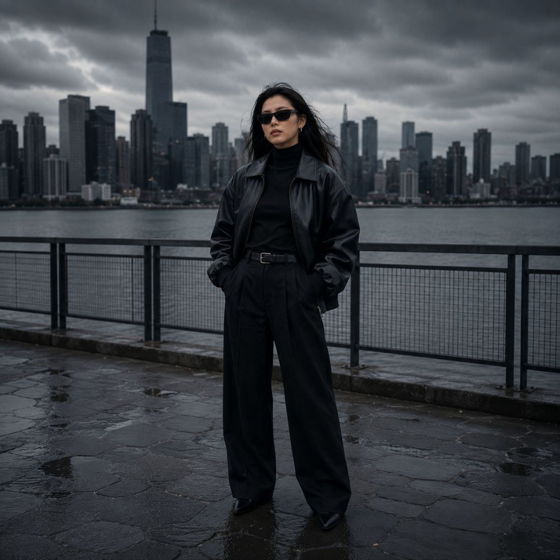 A person wearing Balenciaga BB0366S Black Square Sunglasses in a black leather jacket, black turtleneck, and black wide-leg trousers stands on a wet city waterfront with a skyline in the background under a cloudy sky.