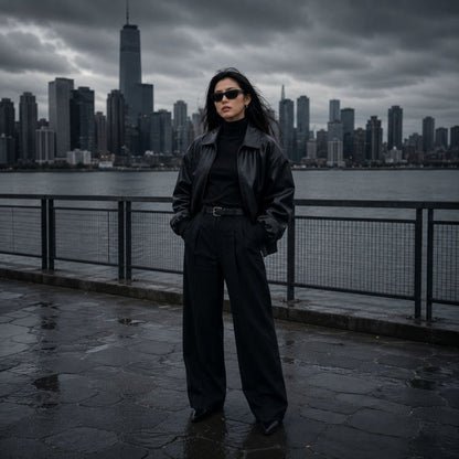 A person wearing Balenciaga BB0366S Black Square Sunglasses in a black leather jacket, black turtleneck, and black wide-leg trousers stands on a wet city waterfront with a skyline in the background under a cloudy sky.