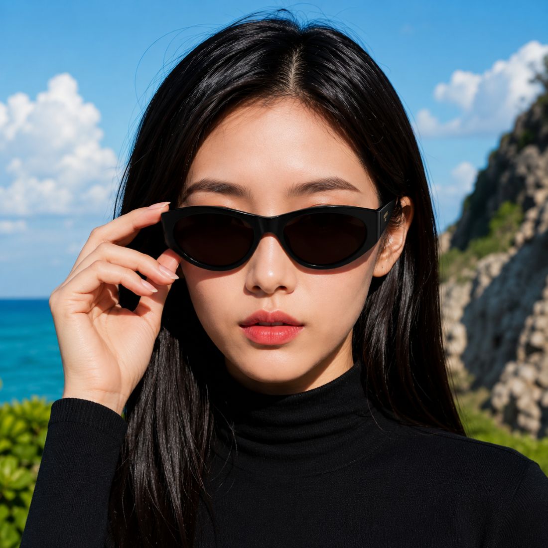 A woman outdoors by the sea wearing Balenciaga BB0367S Round Sunglasses and a black turtleneck, with blue sky, clouds, and rocky coastline in the background.