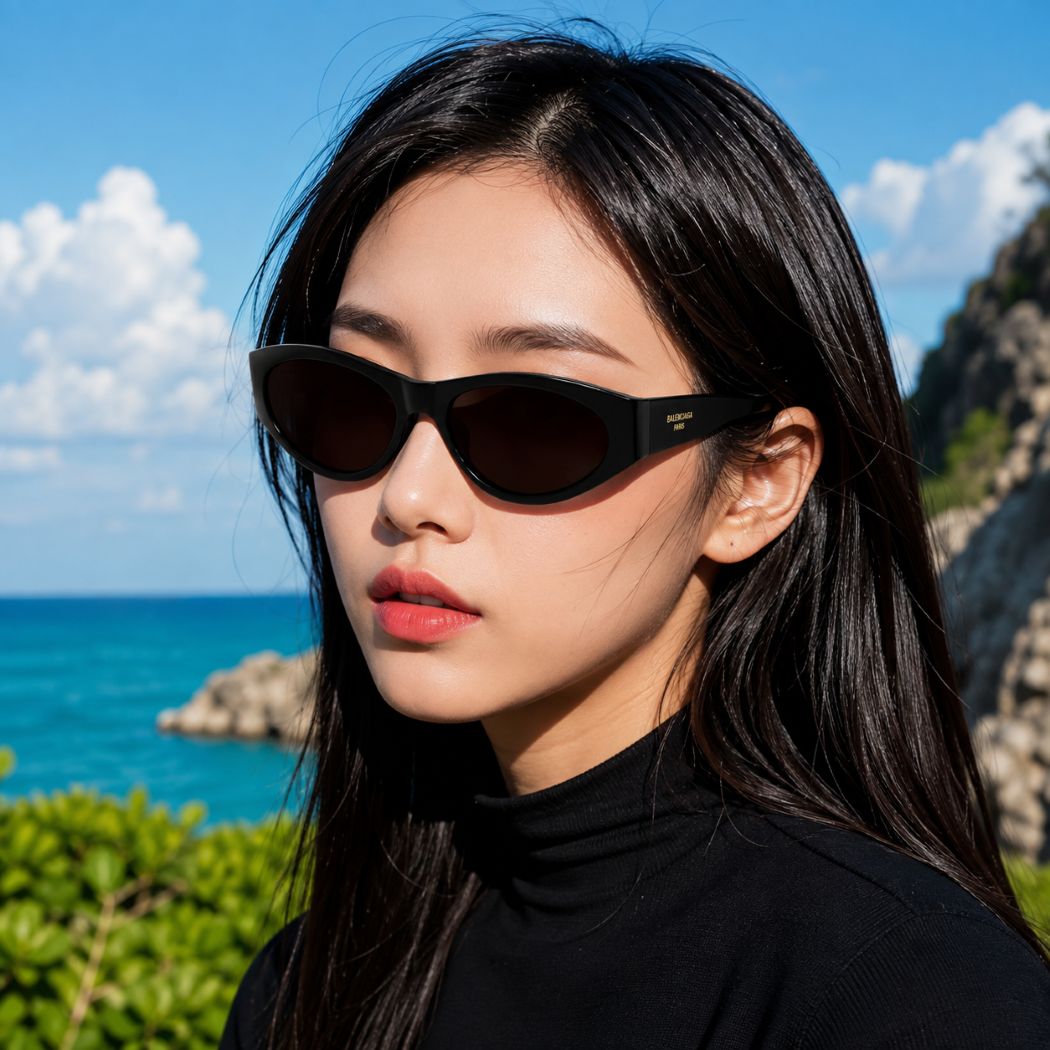 A woman with long black hair wearing Balenciaga BB0367S Round Sunglasses and a black turtleneck, photographed outdoors against a sunny coastal background with blue ocean, sky, and rocky cliffs.