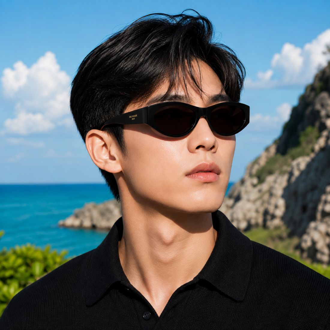 A man wearing Balenciaga BB0367S Round Sunglasses and a black polo shirt, photographed outdoors against a sunny coastal background with blue ocean, sky, and rocky cliffs.