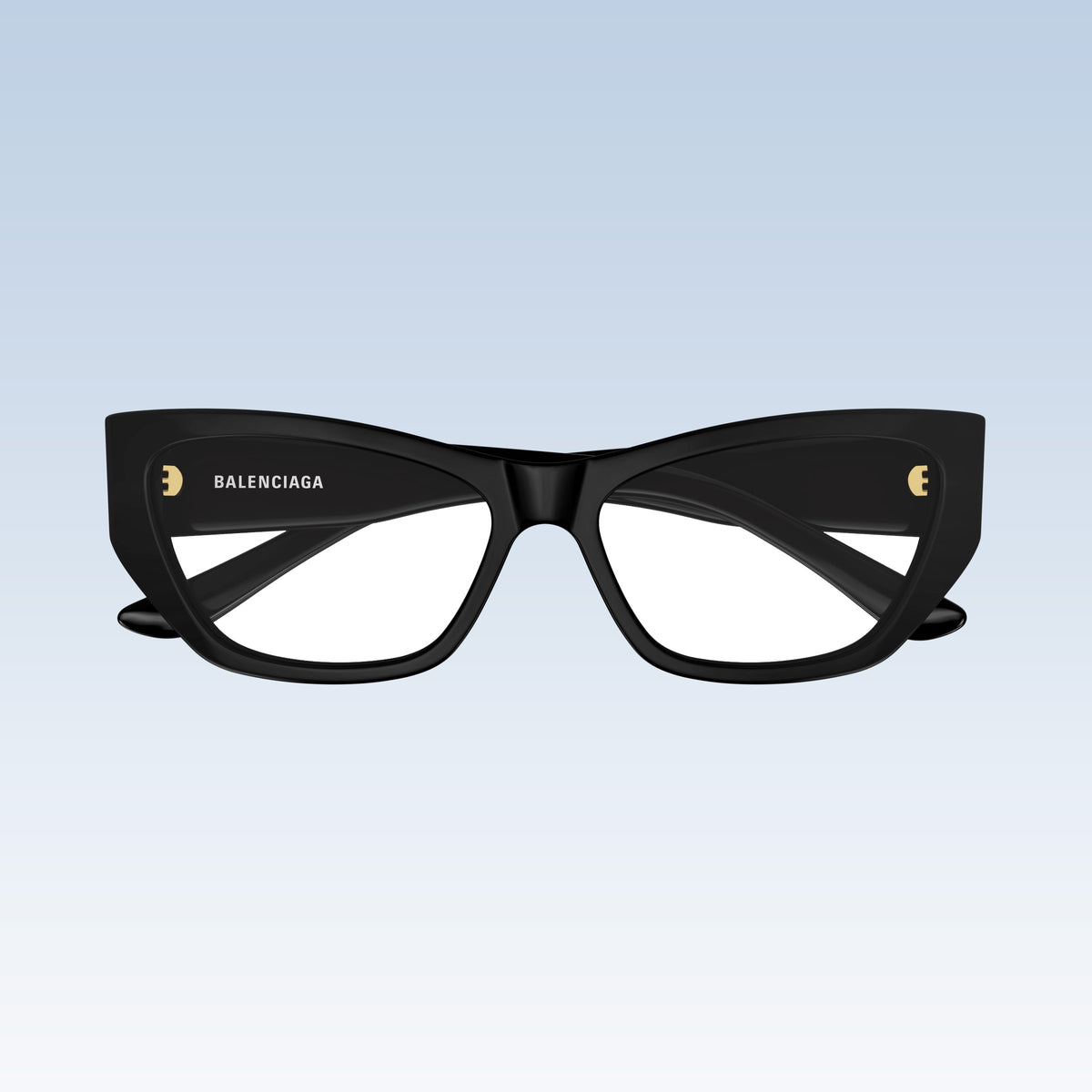 Balenciaga BB0372O 001 Black Butterfly Eyeglasses with gold crescent moon logo accents on the temples, shown against a light blue gradient background.