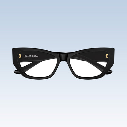 Balenciaga BB0372O 001 Black Butterfly Eyeglasses with gold crescent moon logo accents on the temples, shown against a light blue gradient background.