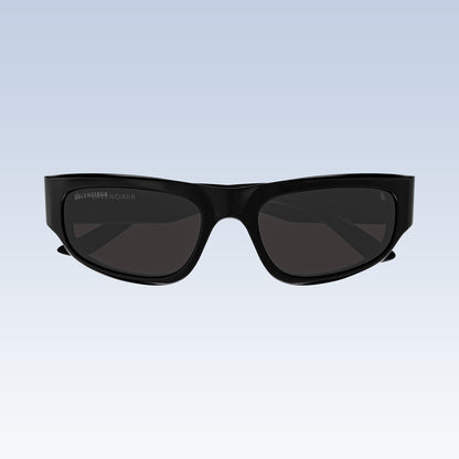 Balenciaga BB0388S 001 Black Rectangular Sunglasses with dark lenses and a subtle white logo on the left temple, shown against a light blue gradient background.