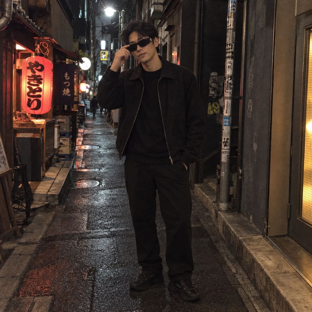 A man wearing a Balenciaga BB0395S 001 Black Rectangular Sunglasses in black zip-up jacket, black t-shirt, black pants, and black sunglasses stands on a wet, narrow city street at night with Japanese shop signs glowing in the background.
