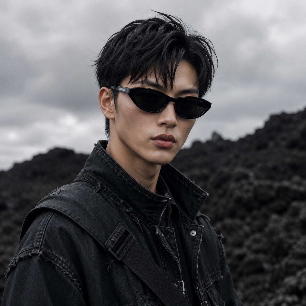 A man wearing Balenciaga BB0402S-001 Black Cat-Eye Sunglasses and a black distressed denim jacket, photographed outdoors against a dark, moody mountainous background under a cloudy sky.
