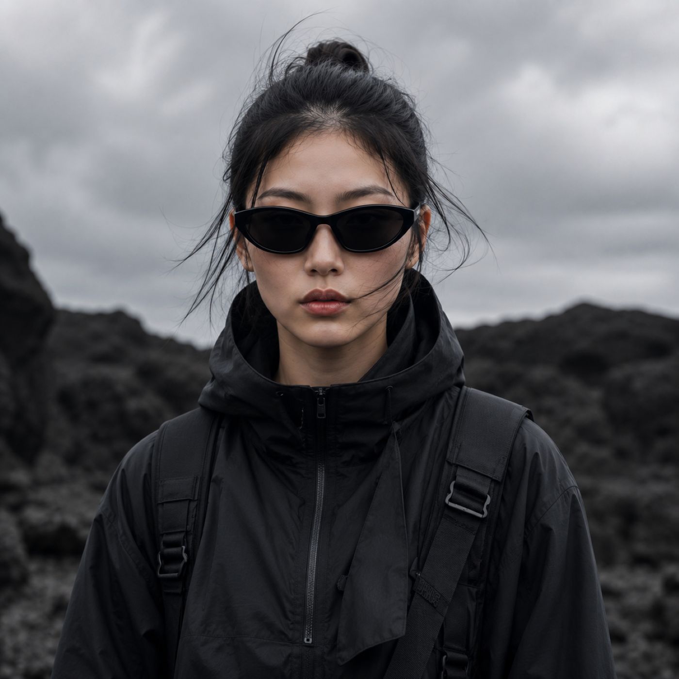 A woman outdoors wearing Balenciaga BB0402S-001 Black Cat-Eye Sunglasses, a black hooded jacket, and a backpack, photographed against a dark rocky landscape under an overcast sky.