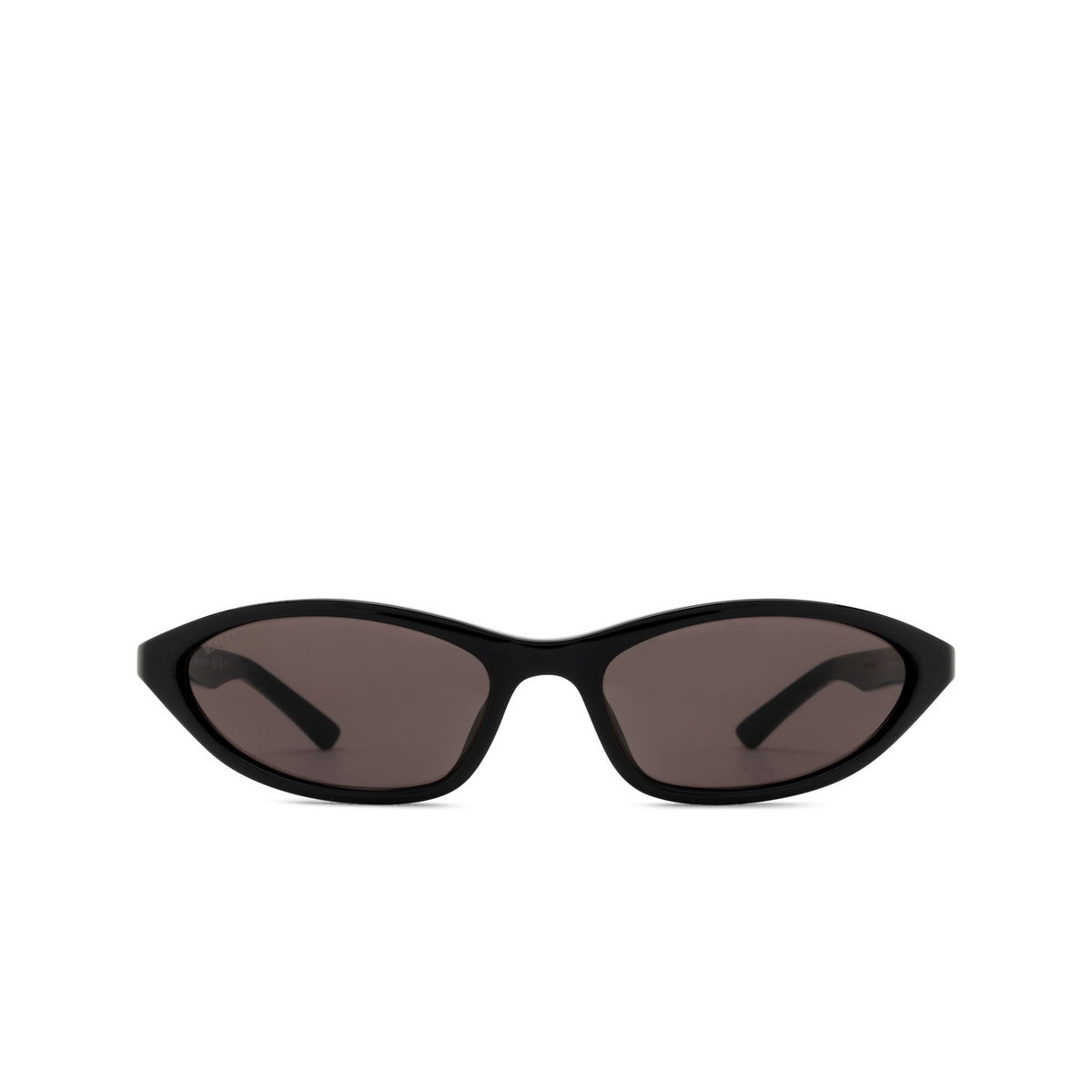 Balenciaga BB0402S-001 Black Cat-Eye Sunglasses and dark brown tinted lenses, shown from the front on a solid white background.