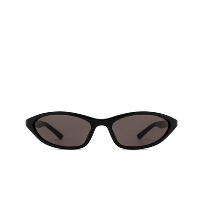 Balenciaga BB0402S-001 Black Cat-Eye Sunglasses and dark brown tinted lenses, shown from the front on a solid white background.