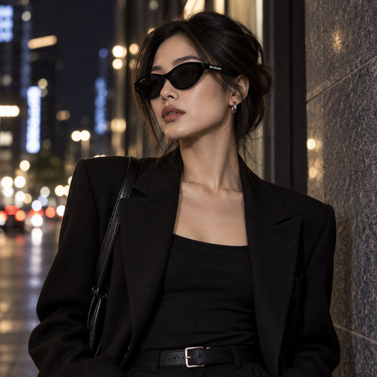 A woman wearing Balenciaga BB0404SK 001 Black Oval Sunglasses, a black blazer, and a black top stands on a city street at night with blurred lights in the background.