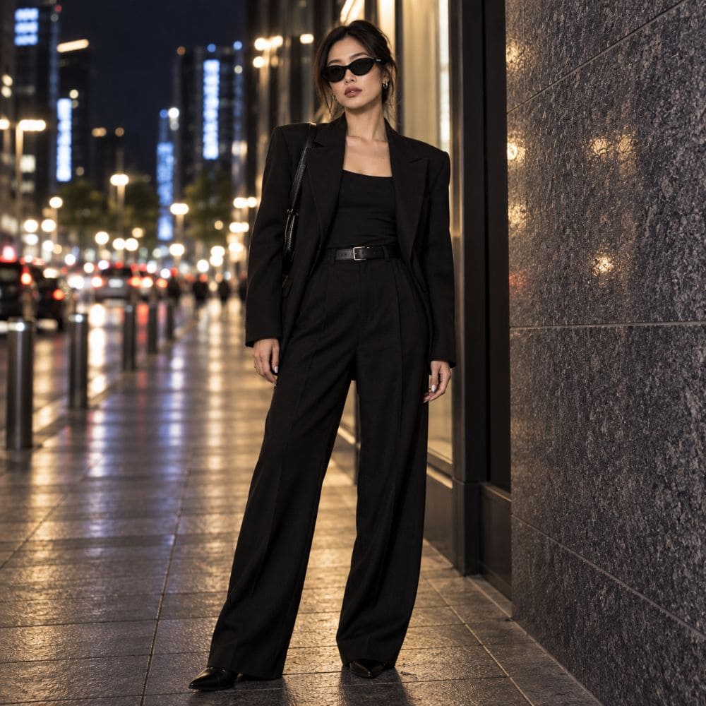 A woman wearing a Balenciaga BB0404SK 001 Black Oval Sunglasses in black tailored pantsuit with a structured blazer and wide-leg trousers stands on a city sidewalk at night. The background shows blurred streetlights, tall buildings, and a dark stone wall.