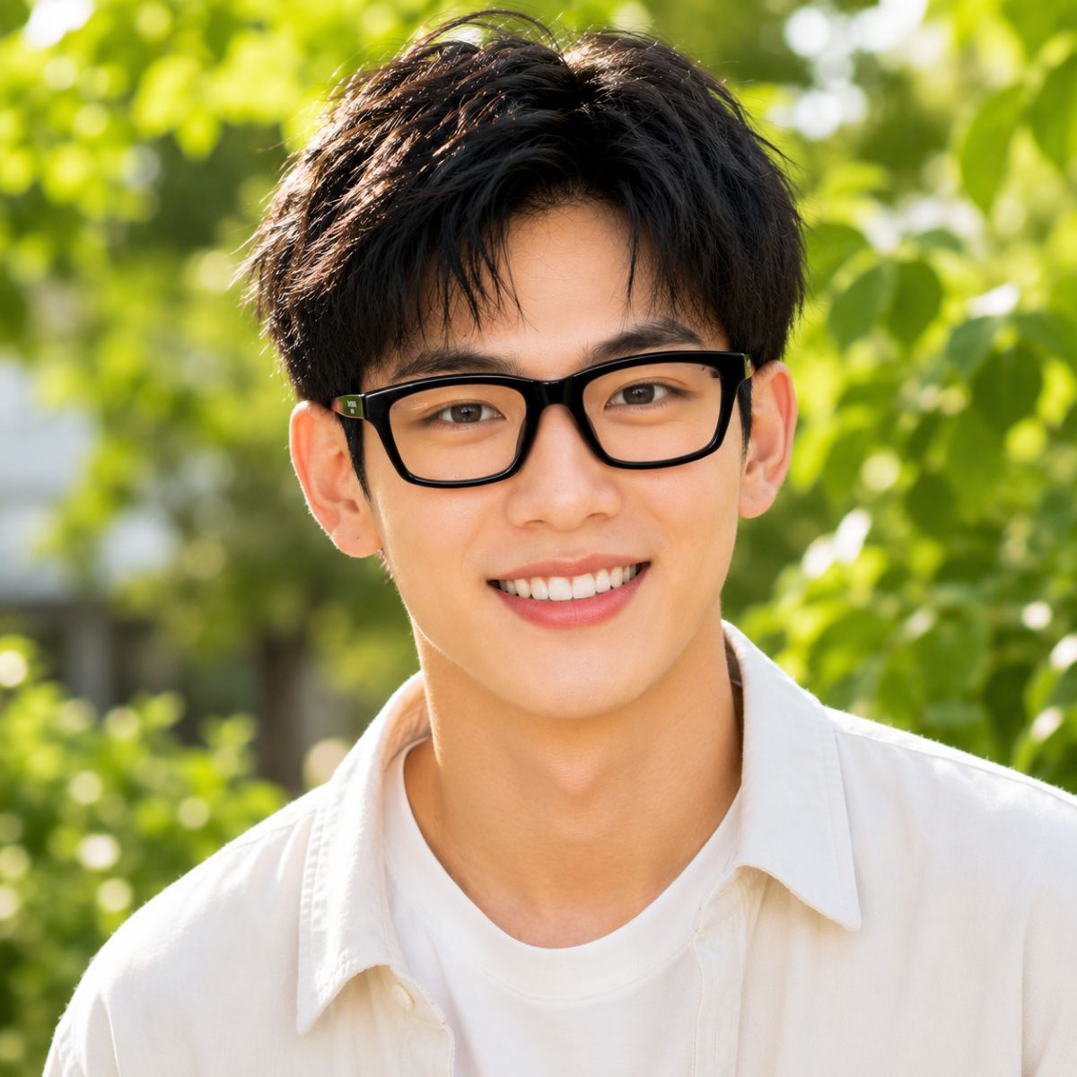 A smiling young man with short dark hair and Balenciaga BB0439O 001 Black Square Eyeglasses, wearing a white T-shirt under a light beige button-up shirt, photographed outdoors with blurred green foliage in the background.