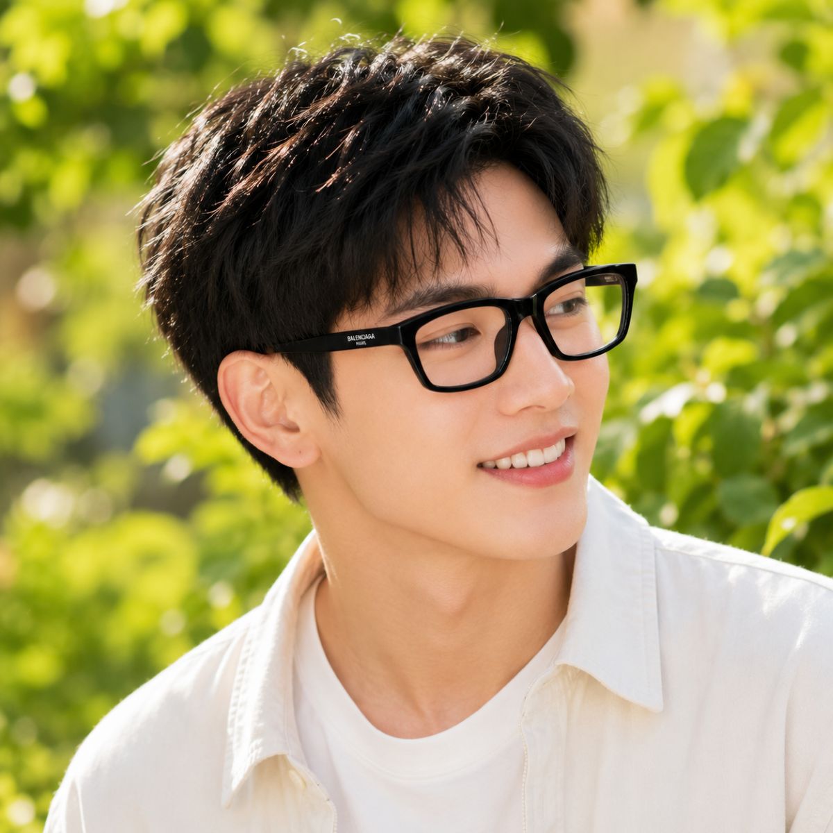 A smiling young man outdoors wearing Balenciaga BB0439O 001 Black Square Eyeglasses and a white collared shirt, with blurred green foliage in the background.