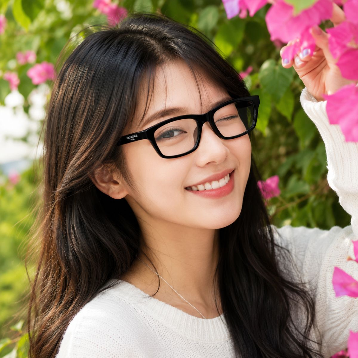 A smiling young woman with long dark hair and Balenciaga BB0439O 001 Black Square Eyeglasses, wearing a white knit sweater and posing outdoors among pink flowers and green foliage.