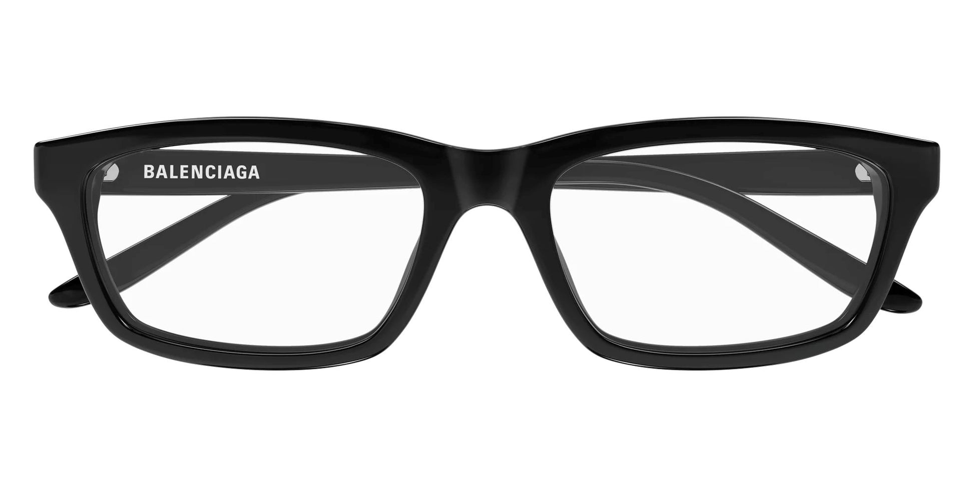 portrait Balenciaga Paris BB0439O 001 Black Square Eyeglasses on a white background