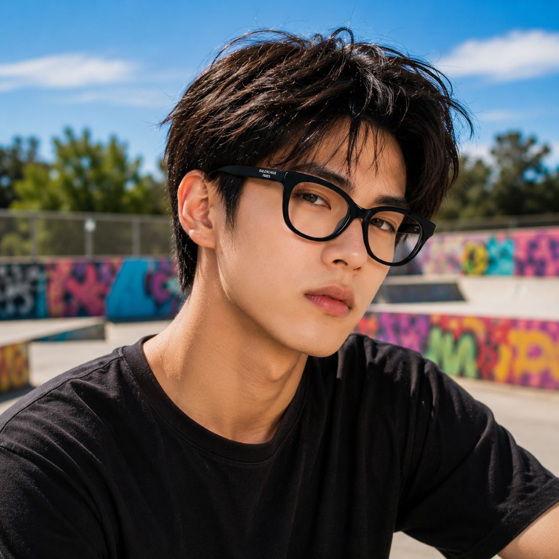 A young man with dark hair and a black t-shirt wearing Balenciaga BB0441O 001 Black Round Butterfly Eyeglasses, photographed outdoors at a skatepark with colorful graffiti walls and a blue sky in the background.