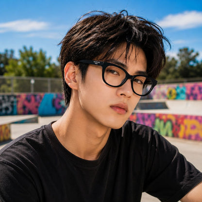 A young man with dark hair and a black t-shirt wearing Balenciaga BB0441O 001 Black Round Butterfly Eyeglasses, photographed outdoors at a skatepark with colorful graffiti walls and a blue sky in the background.