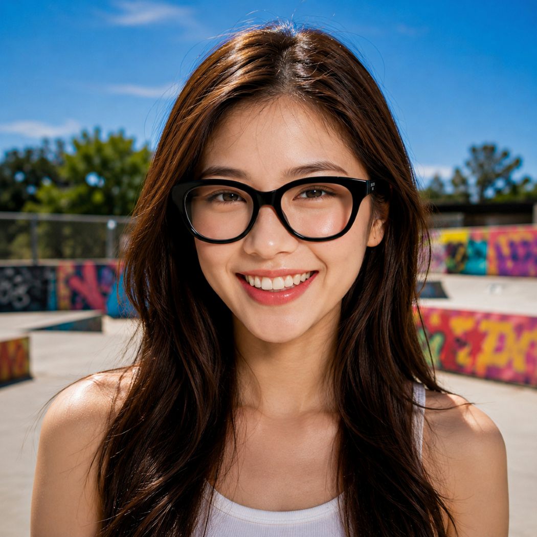 A smiling young woman with long brown hair and Balenciaga BB0441O 001 Black Round Butterfly Eyeglasses, photographed outdoors at a skatepark with colorful graffiti walls and a blue sky in the background.