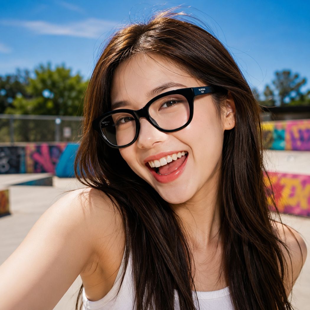 A smiling woman with long brown hair and Balenciaga BB0441O 001 Black Round Butterfly Eyeglasses, photographed outdoors at a skatepark with colorful graffiti walls and a blue sky in the background.
