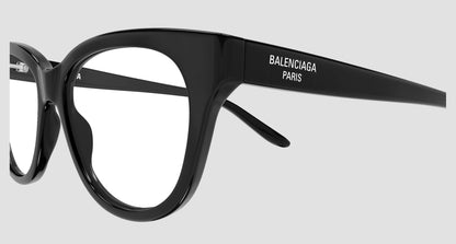 Balenciaga BB0441O 001 Black Round Butterfly Eyeglasses frames shown in a close-up side view against a light gray background.