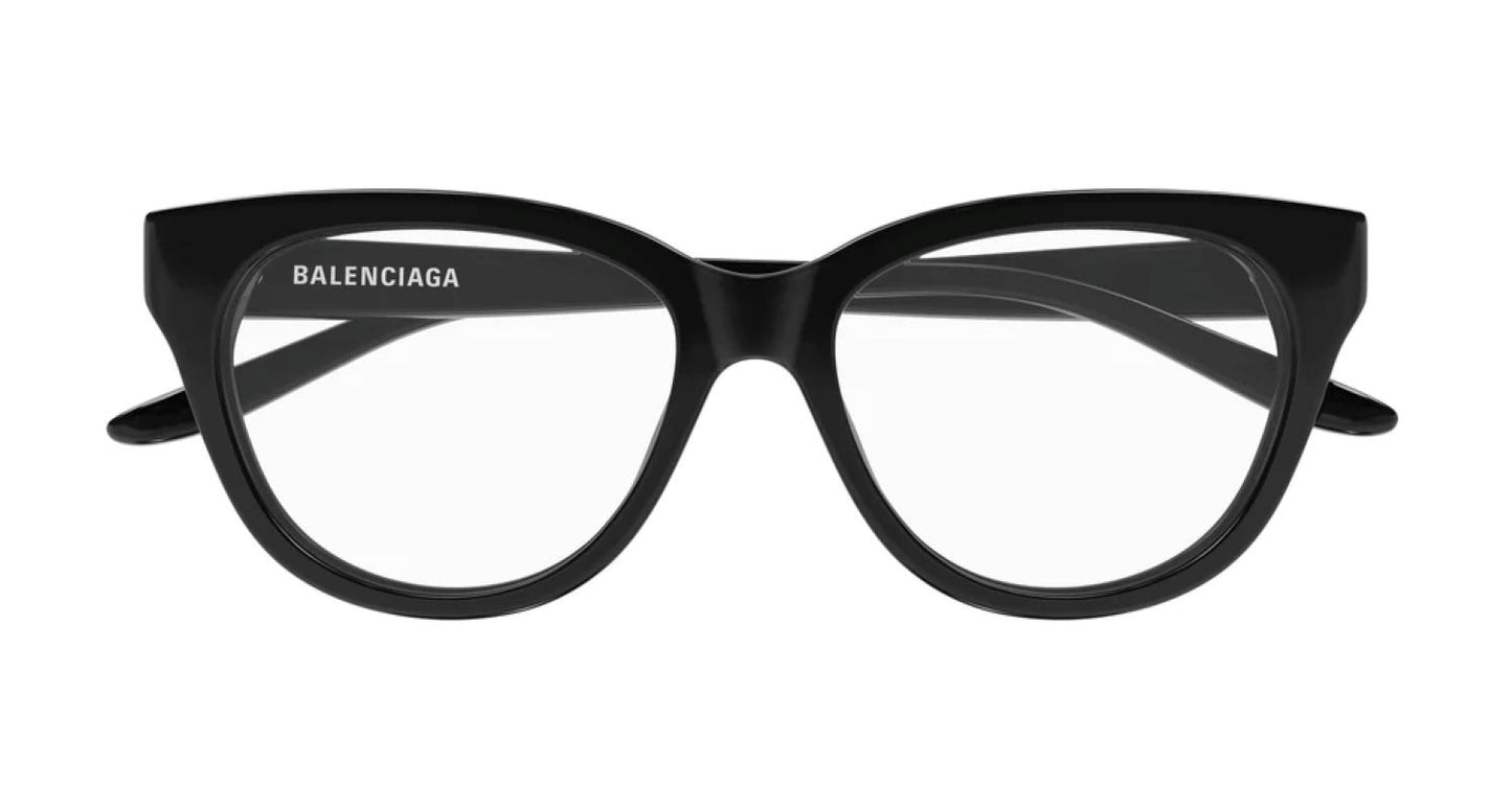 Balenciaga BB0441O 001 Black Round Butterfly Eyeglasses with clear lenses and the Balenciaga logo printed in white on the left temple arm, shown against a plain white background.