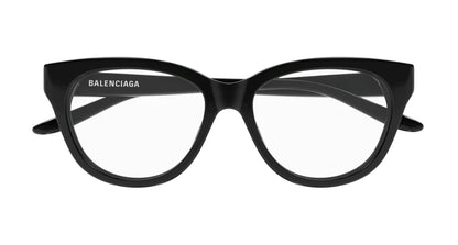 Balenciaga BB0441O 001 Black Round Butterfly Eyeglasses with clear lenses and the Balenciaga logo printed in white on the left temple arm, shown against a plain white background.