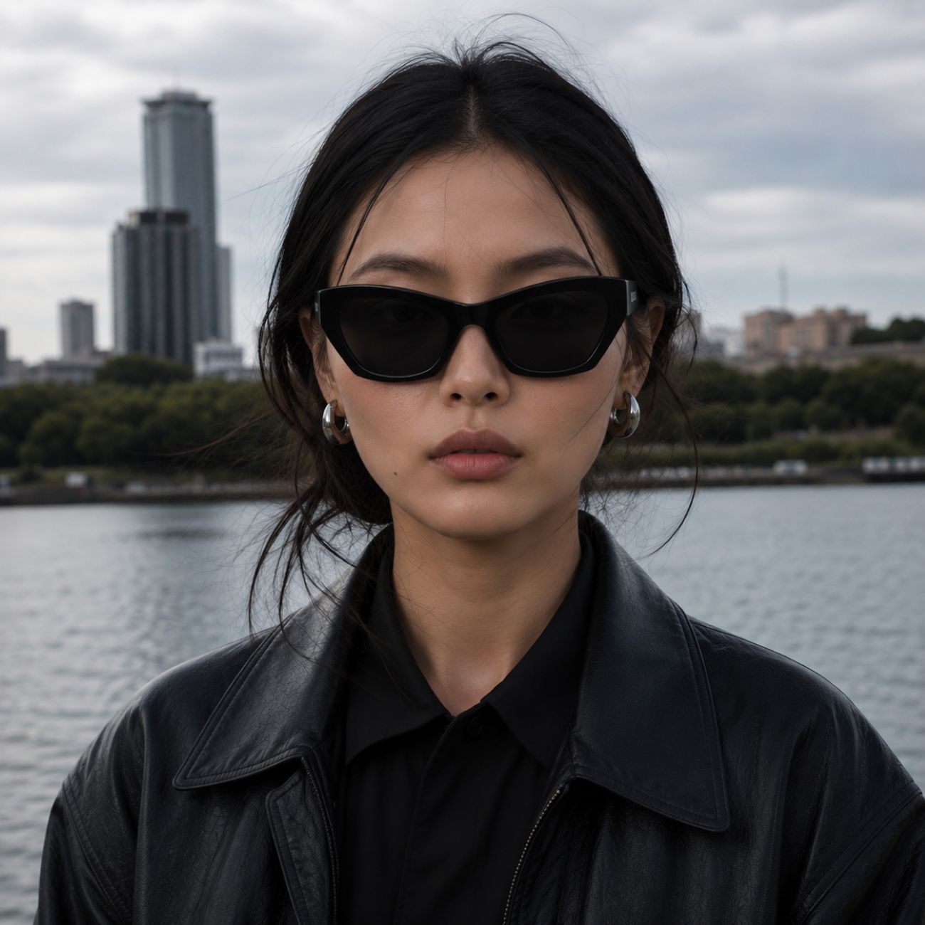 A woman wearing Balenciaga BB0447S Black Cat-Eye Sunglasses, a black leather jacket, and a black collared shirt, photographed outdoors with a body of water and city buildings in the background.