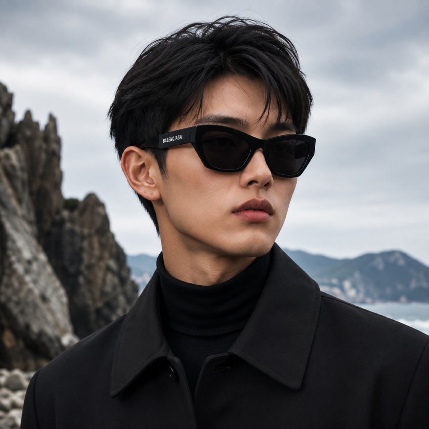A man wearing Balenciaga BB0447S Black Cat-Eye Sunglasses with the brand name 'BALENCIAGA' visible on the temple, styled with a black turtleneck and black coat against a rocky coastal background.