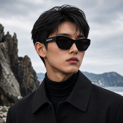 A man wearing Balenciaga BB0447S Black Cat-Eye Sunglasses with the brand name 'BALENCIAGA' visible on the temple, styled with a black turtleneck and black coat against a rocky coastal background.