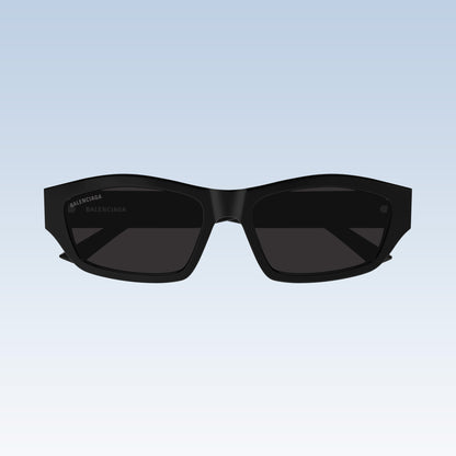 Balenciaga BB0448SK 001 Black Rectangular Sunglasses with a chunky geometric frame and dark lenses, shown against a light blue gradient background.