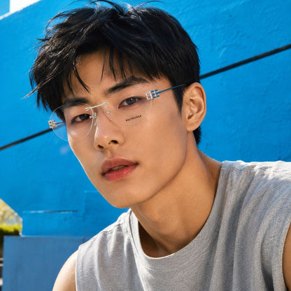 A close-up of a young man wearing clear rimless Balenciaga BB0489O-001 Silver Rimless Butterfly Eyeglasses with thin silver metal temples, set against a bright blue wall background.