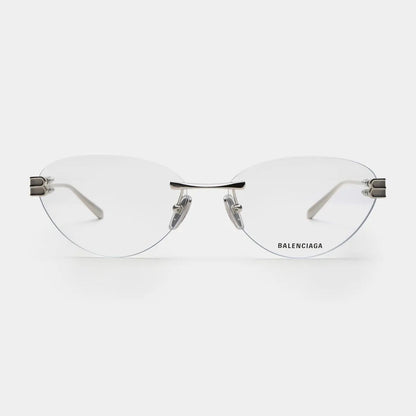 Balenciaga BB0489O-001 Silver Rimless Butterfly Eyeglasses with clear acetate lenses and silver metal hinges, shown from the front on a light gray background.