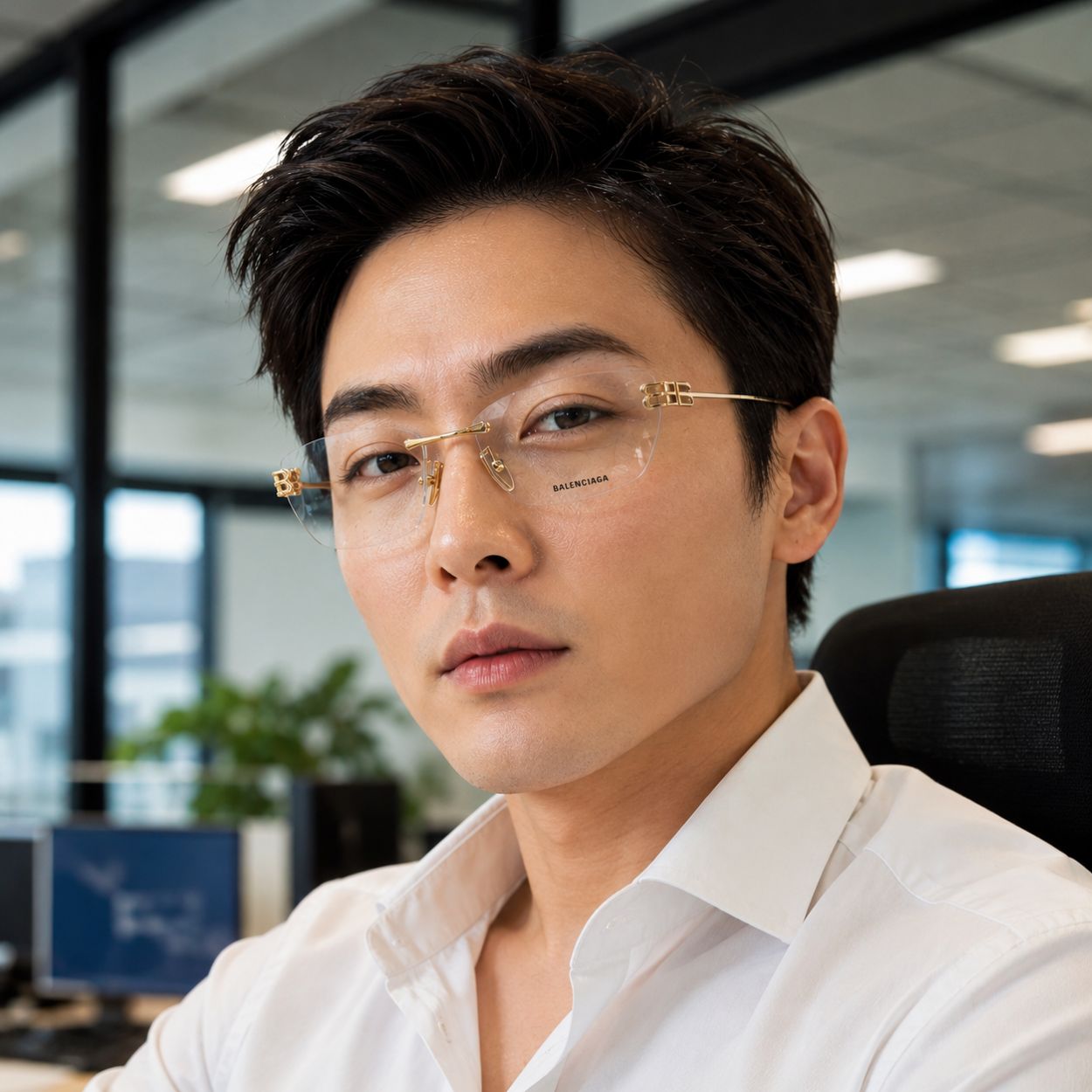 A man wearing Balenciaga BB0490O-004 Gold Rimless Cat-Eye Eyeglasses with a clear lens and a small BARRONNIA logo on the temple, dressed in a white collared shirt in an office setting.