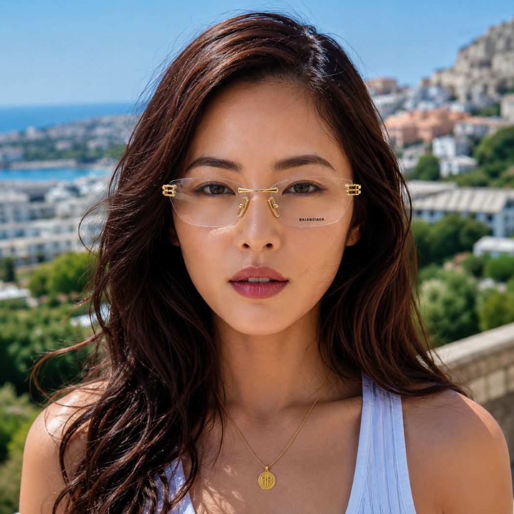 A woman with long dark brown hair wearing Balenciaga BB0490O-004 Gold Rimless Cat-Eye Eyeglasses with gold metal accents and a gold necklace, set against a sunny coastal city background.