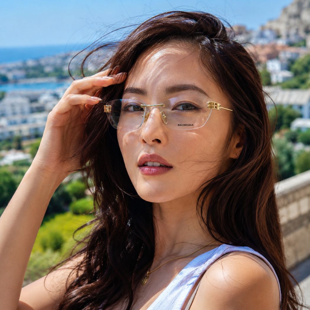 A woman outdoors wearing Balenciaga BB0490O-004 Gold Rimless Cat-Eye Eyeglasses with gold-tone metal temples and bridge, photographed against a sunny coastal city background.