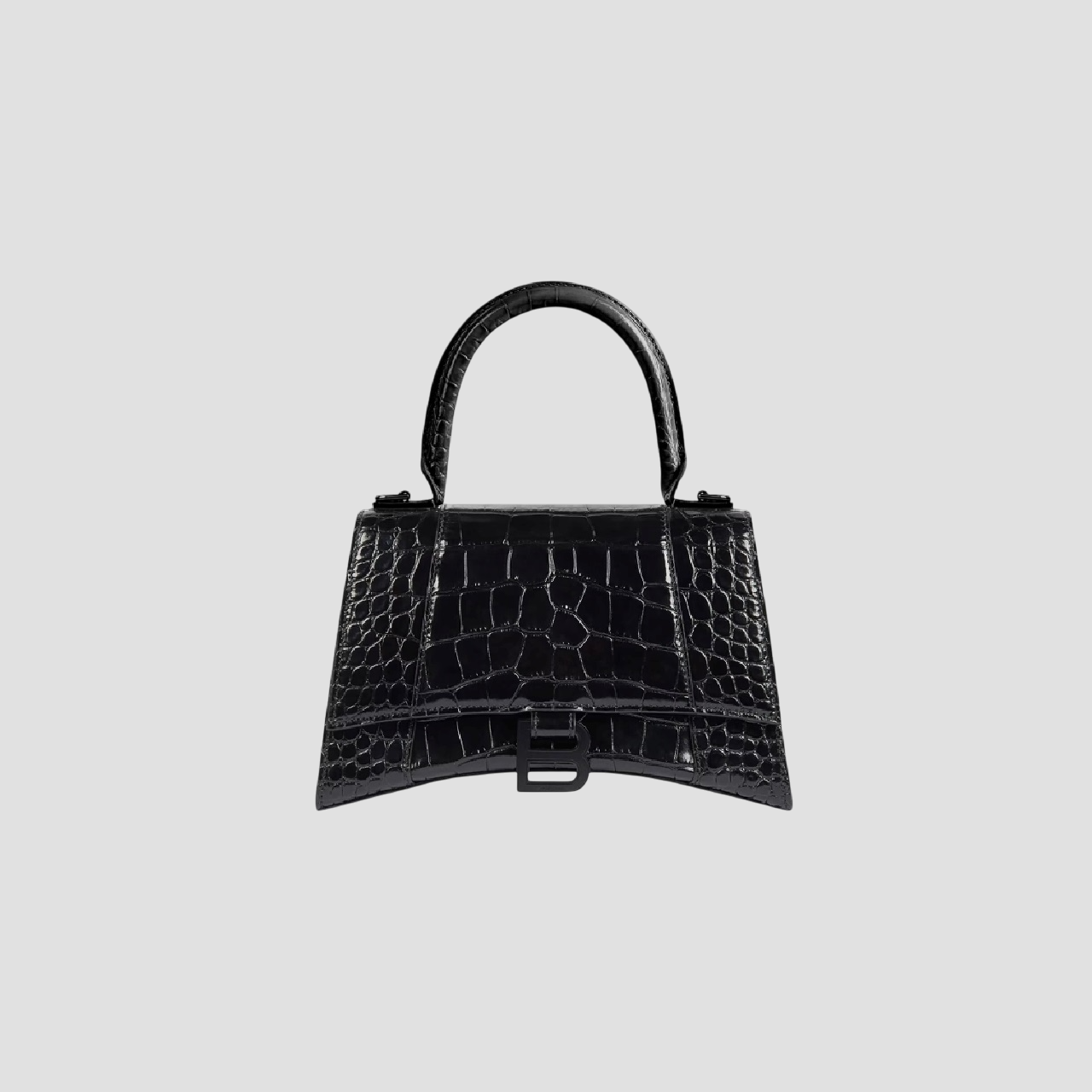 BALENCIAGA BLACK HOURGLASS XS HANDBAG CROCODILE EMBOSSED WITH BLACK LOGO 5928331LR671000