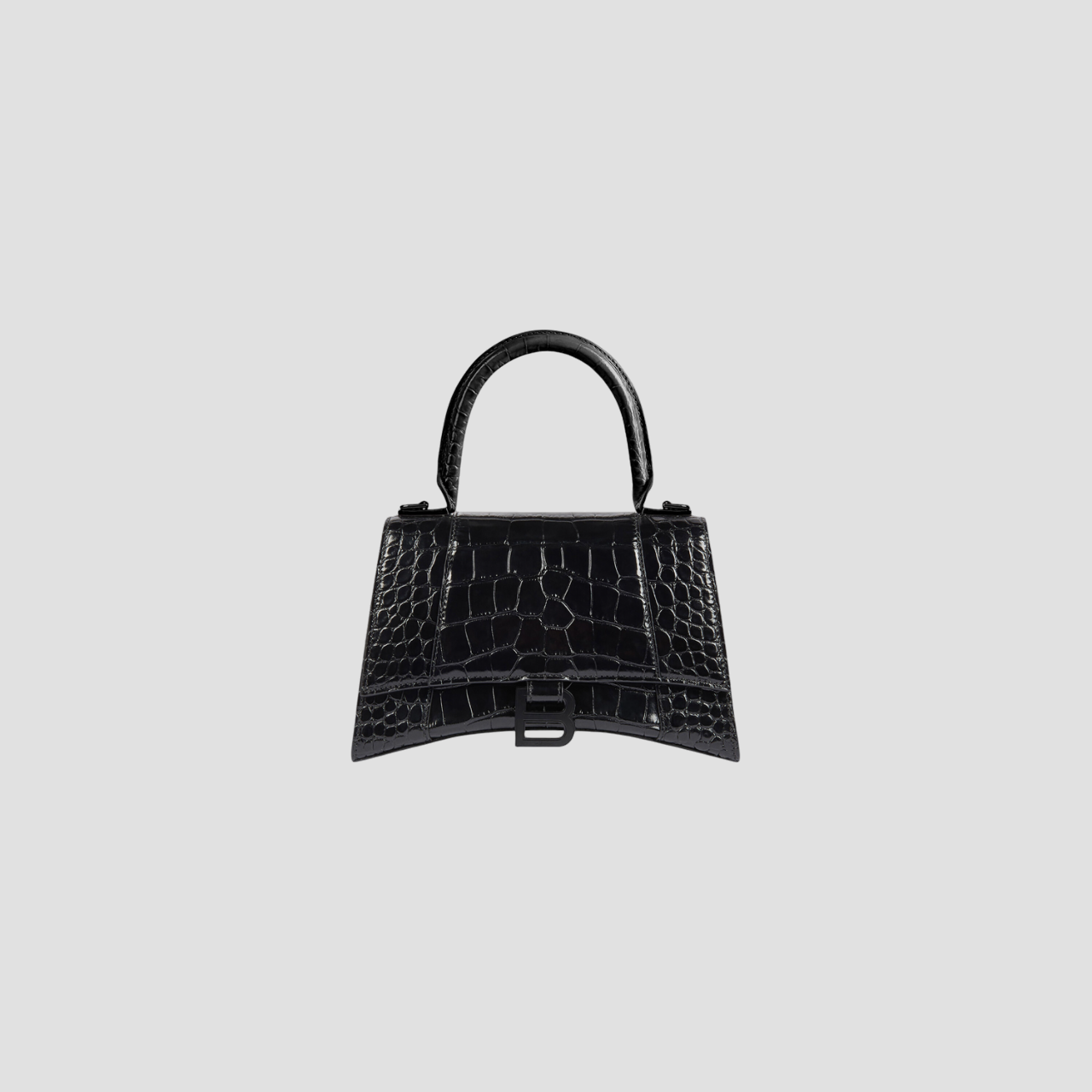 BALENCIAGA BLACK HOURGLASS XS HANDBAG CROCODILE EMBOSSED WITH BLACK LOGO 5928331LR671000