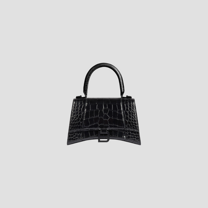 BALENCIAGA BLACK HOURGLASS XS HANDBAG CROCODILE EMBOSSED WITH BLACK LOGO 5928331LR671000