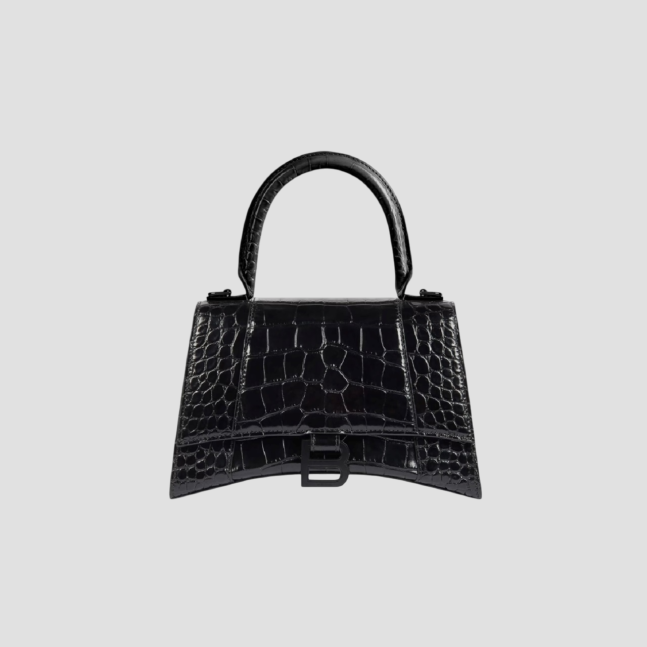 BALENCIAGA HOURGLASS SMALL BLACK HANDBAG CROCODILE EMBOSSED WITH BLACK LOGO 5935461LR671000