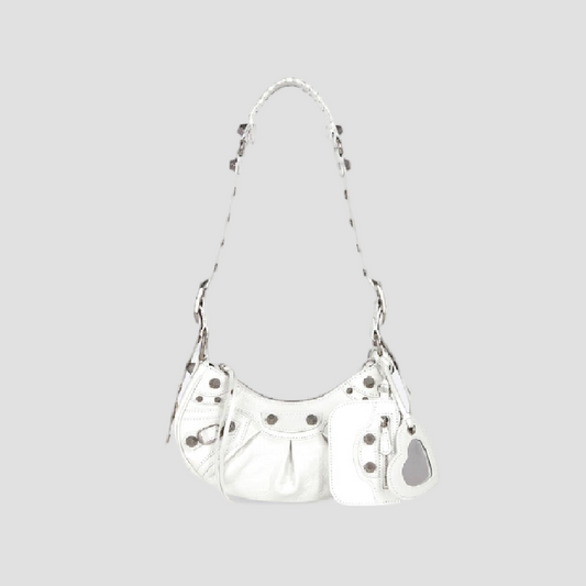 BALENCIAGA LE CAGOLE XS SHOULDER BAG IN PATENT WHITE